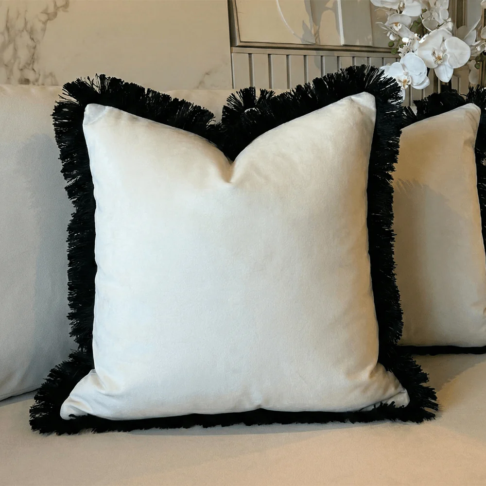 Melina Cream Velvet Cushion with Black Fringe Detailing- 50x50cm - Image 2