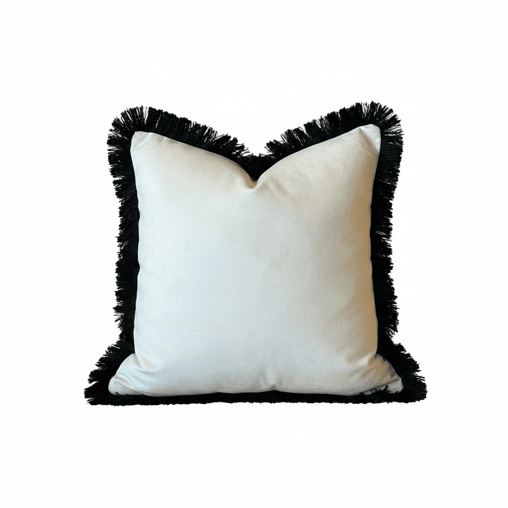 Melina Cream Velvet Cushion with Black Fringe Detailing- 50x50cm - Image 3