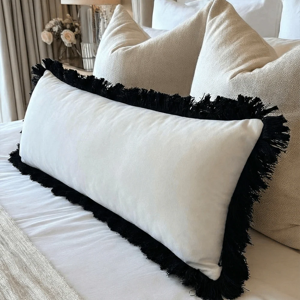 Melina Cream Velvet Fringed Long Bolster Cushion - 90x35cm