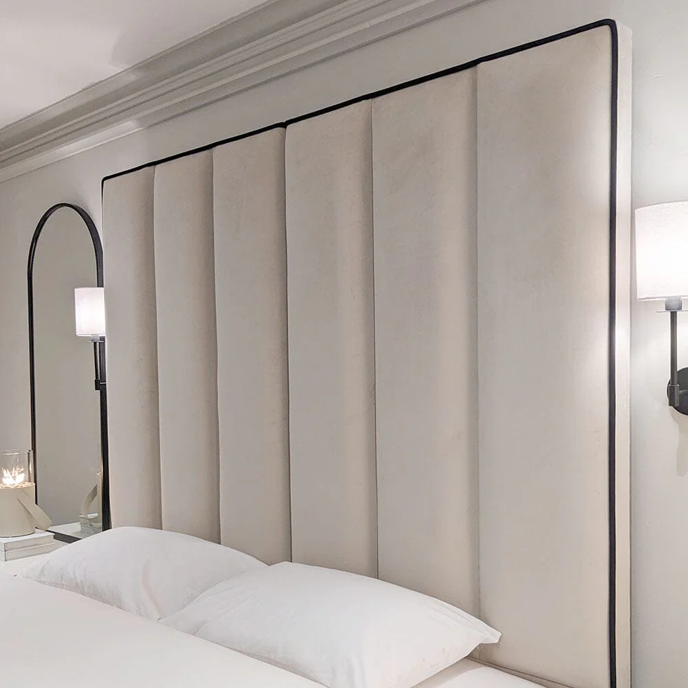 Mercer Cream Velvet Luxury Panelled Bed with Contrast Black Piping - Image 2