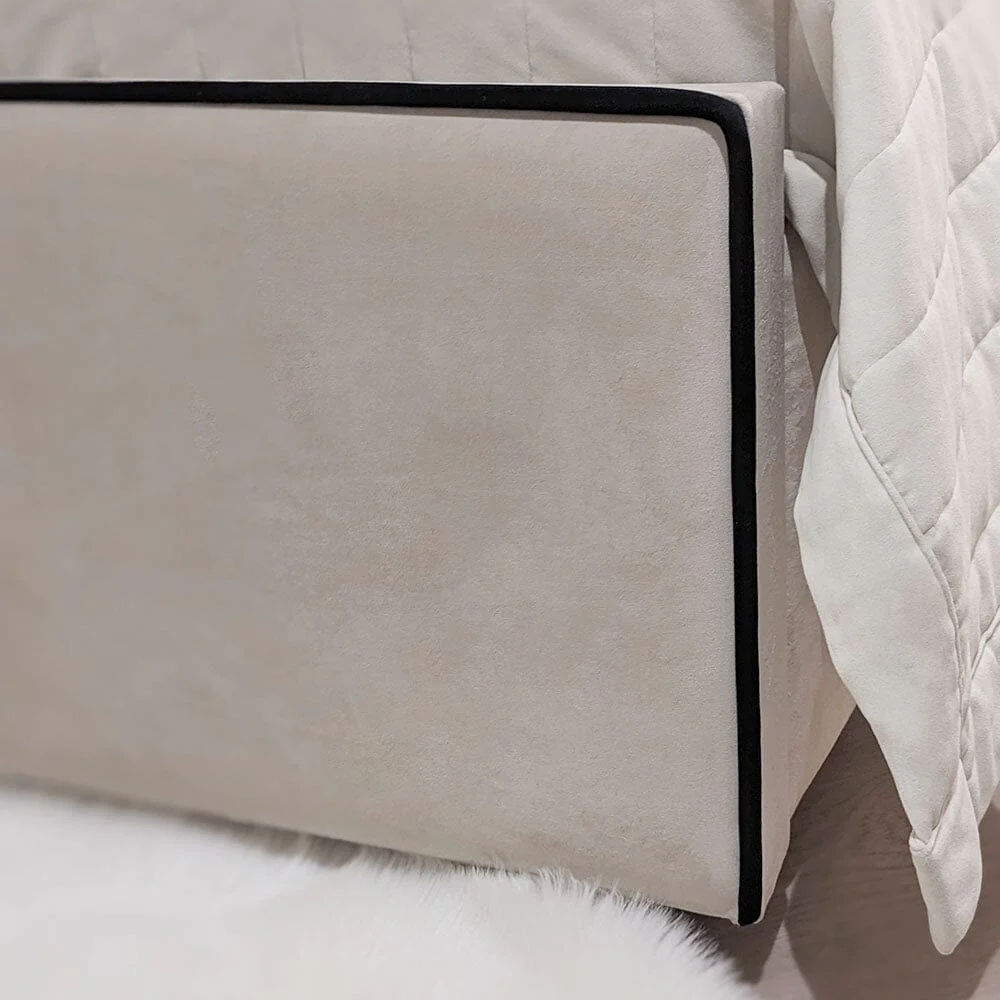 Mercer Cream Velvet Luxury Panelled Bed with Contrast Black Piping - Image 4