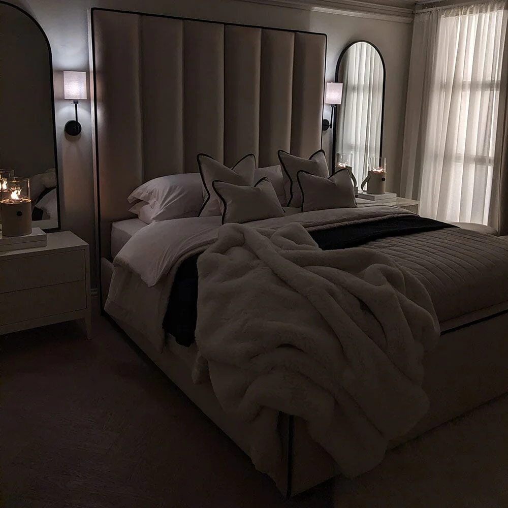 Mercer Cream Velvet Luxury Panelled Bed with Contrast Black Piping - Image 5