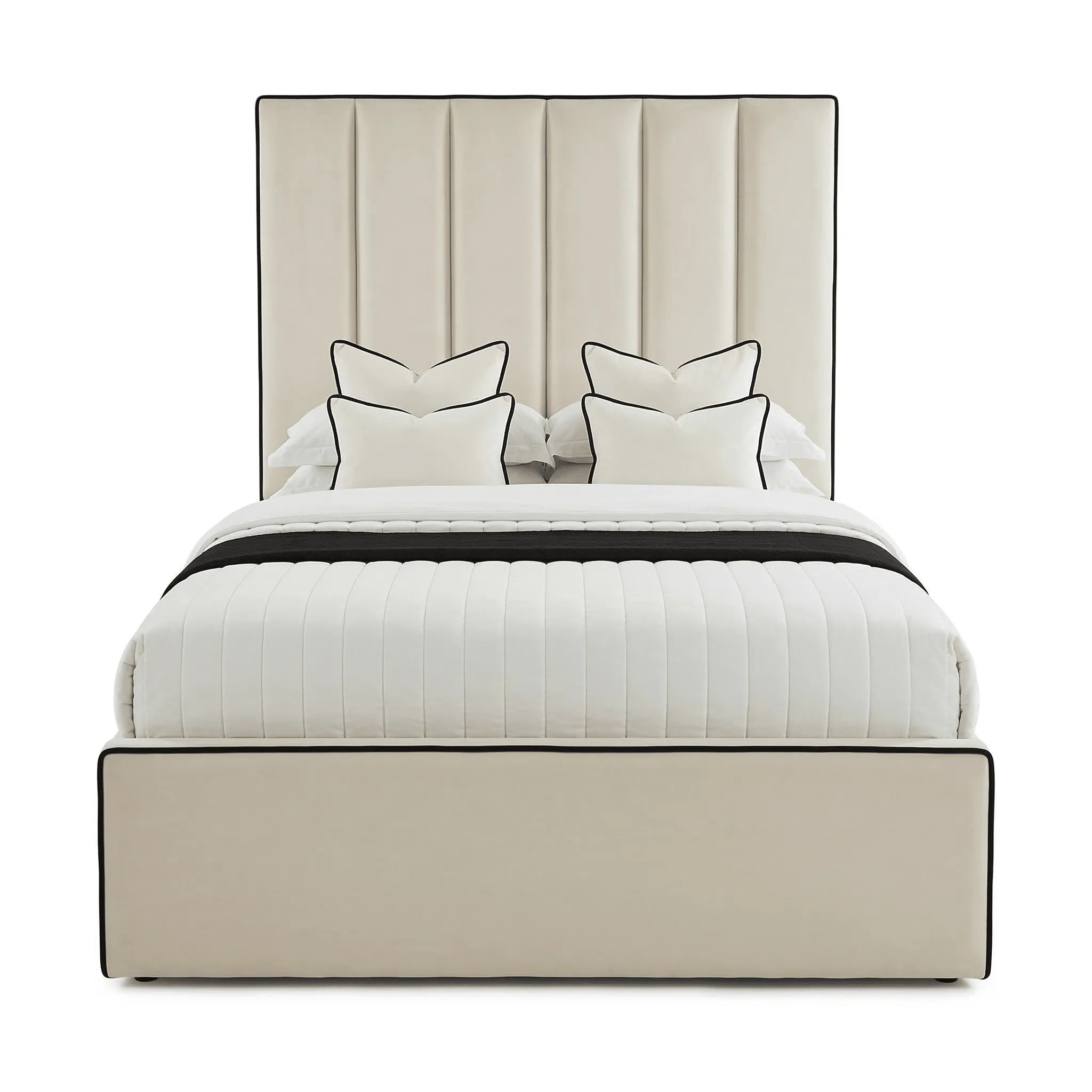 Mercer Cream Velvet Luxury Panelled Bed with Contrast Black Piping - Image 6