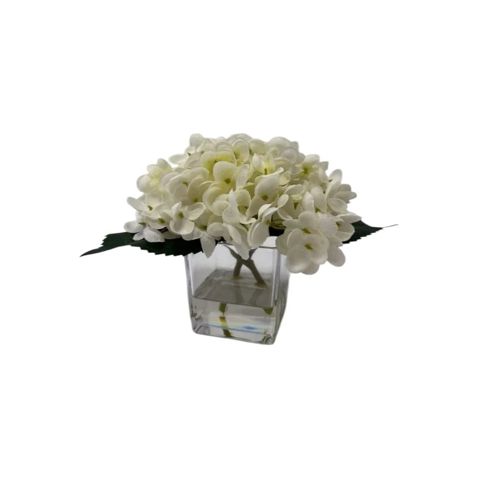Mini Faux Cream Hydrangeas Floral Arrangement in Square Glass Vase - Image 2