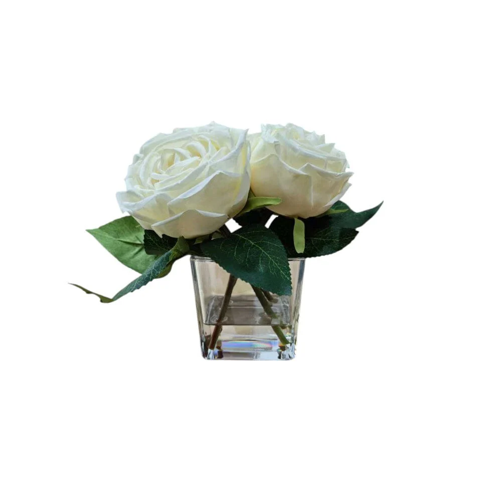 Mini Faux Cream Rose Floral Arrangement in Square Glass Vase - Image 2