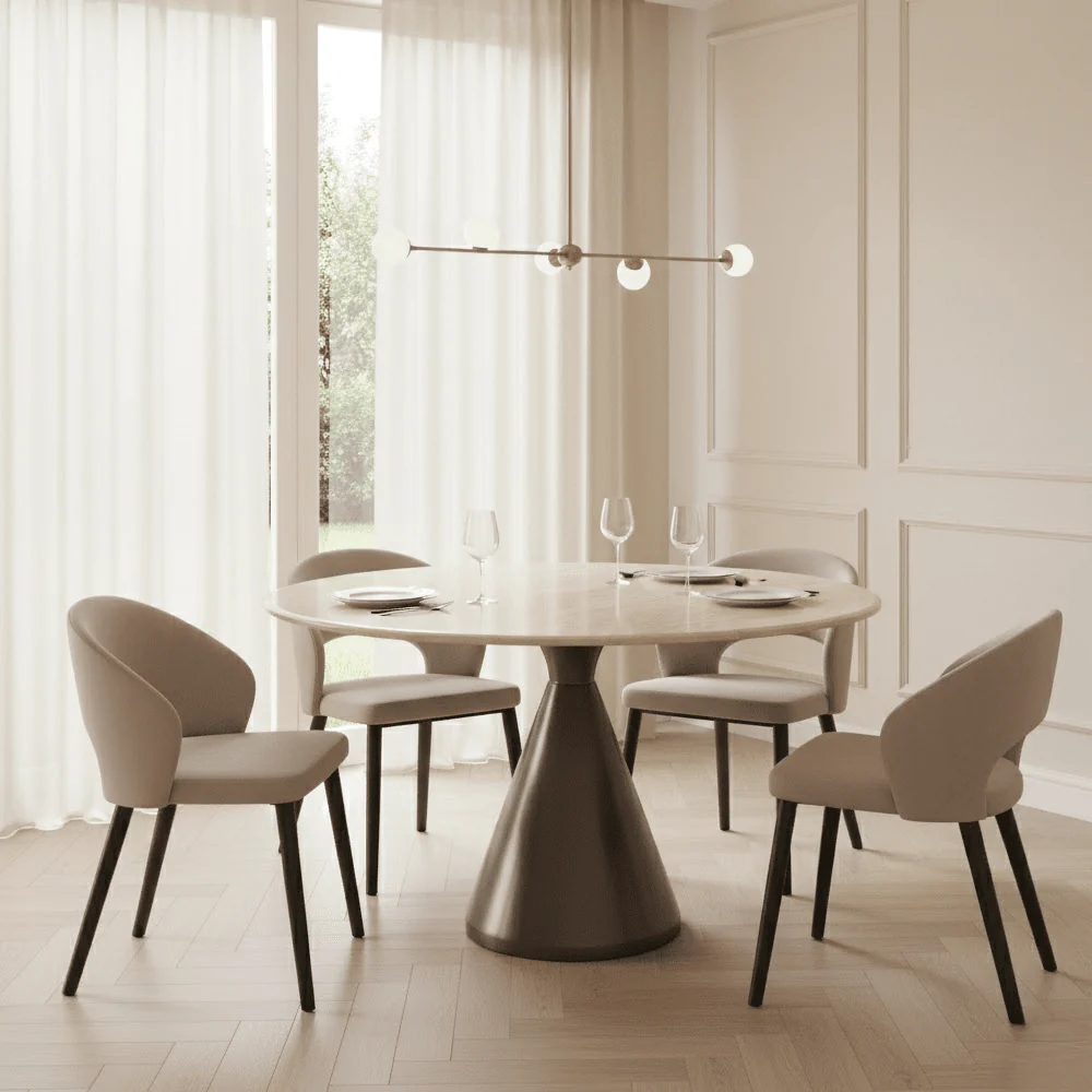 Miya Bronze Round Dining Table with Faux Beige Marble Top