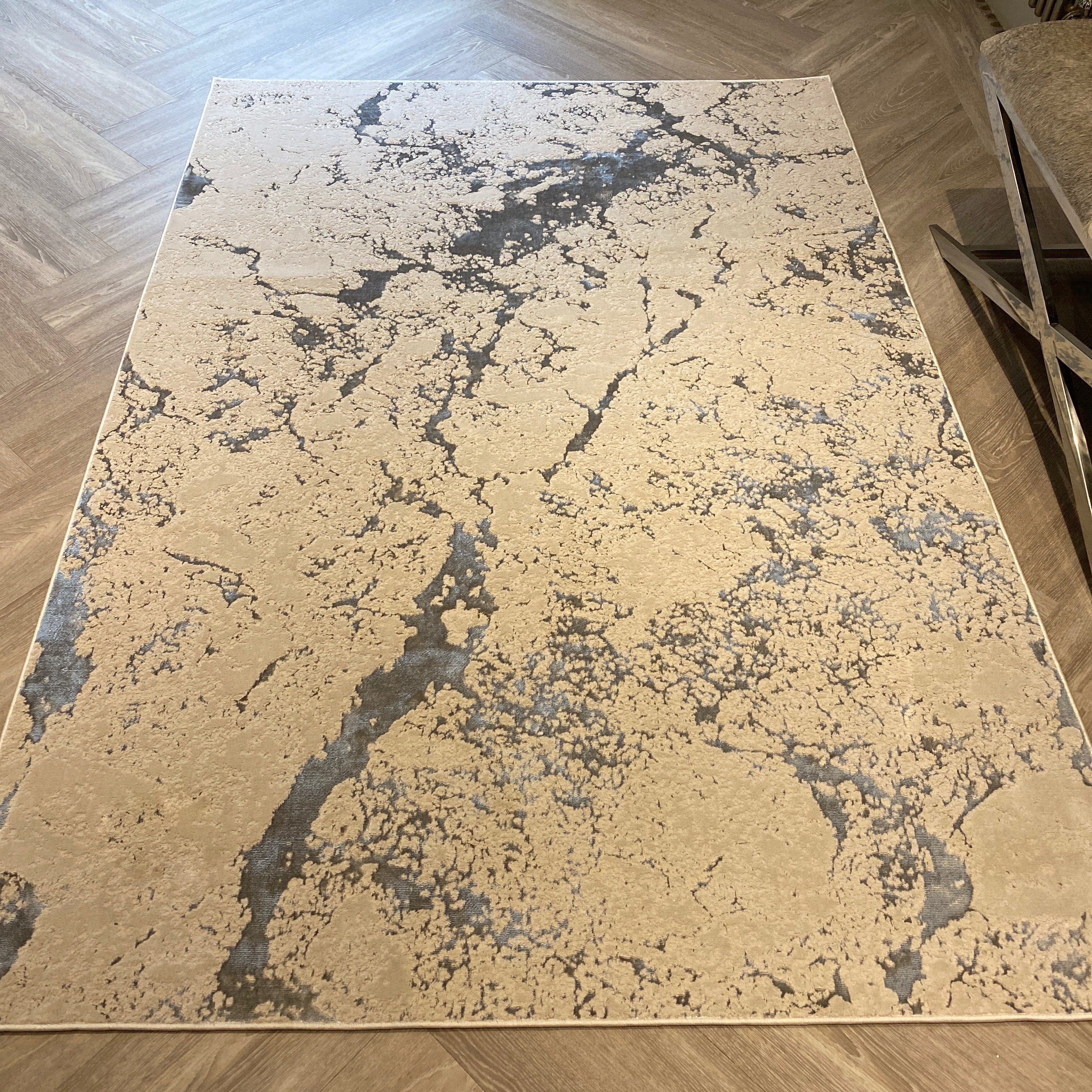 Nebula Cream & Metallic Silver Marble Velvet Rug - Image 3