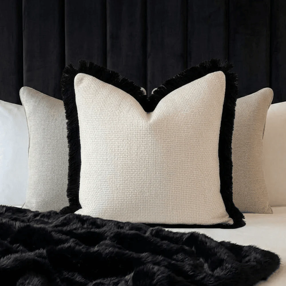 Nemia Cream Weaved Velvet Cushion with Black Fringe Detail- 50x50cm