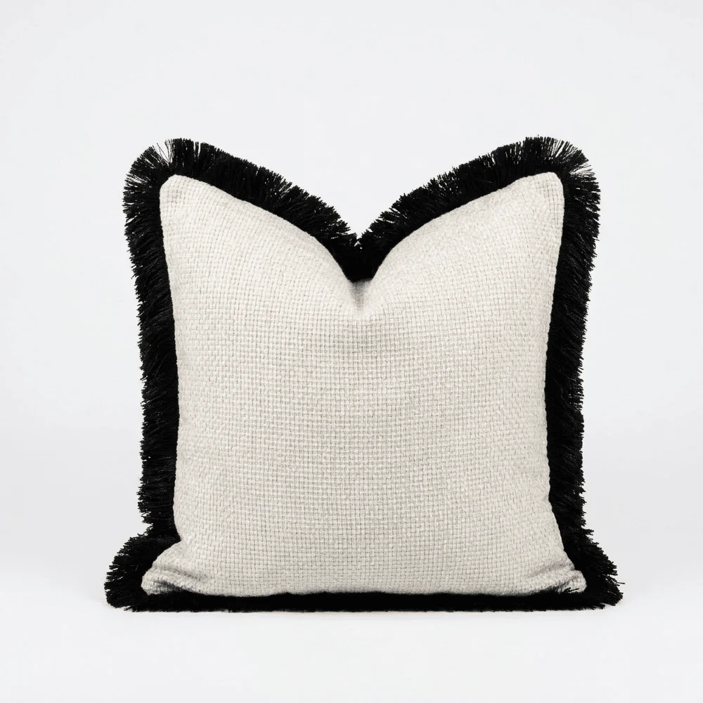 Nemia Cream Weaved Velvet Cushion with Black Fringe Detail- 50x50cm - Image 2