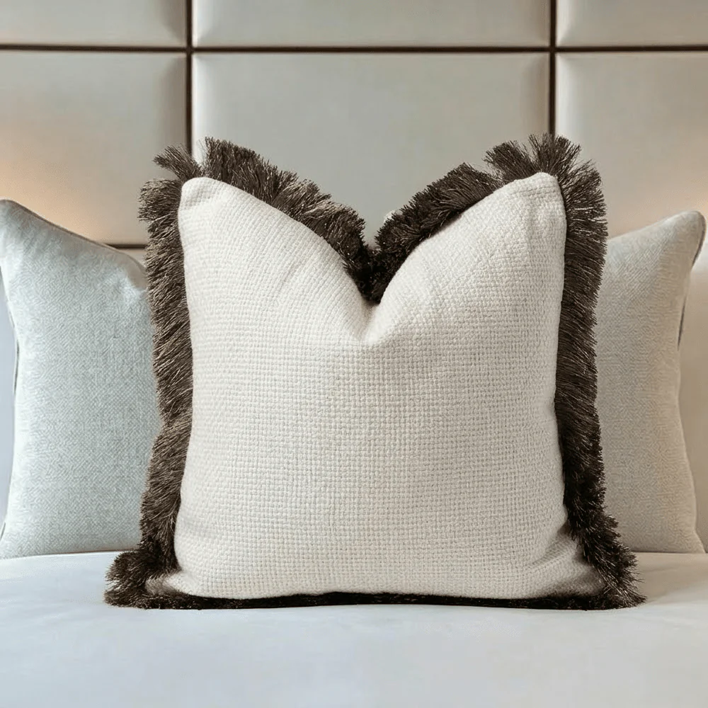 Nemia Cream Weaved Velvet Cushion with Metallic Fringe Detail- 50x50cm
