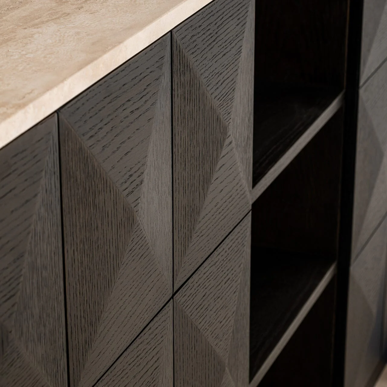 Norah Deep Brown 4 Door Sideboard with Shelving & Travertine Top - Image 8
