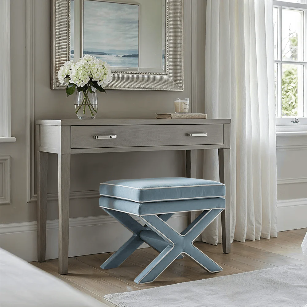 Oceanne Light Blue Stool with Cream Piping Detail