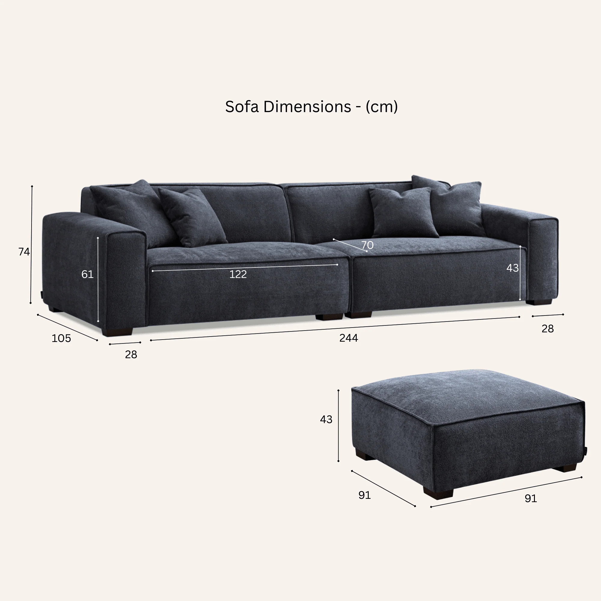 Ottilie Midnight Boucle 4 Seater Sofa with Footstool - Image 7