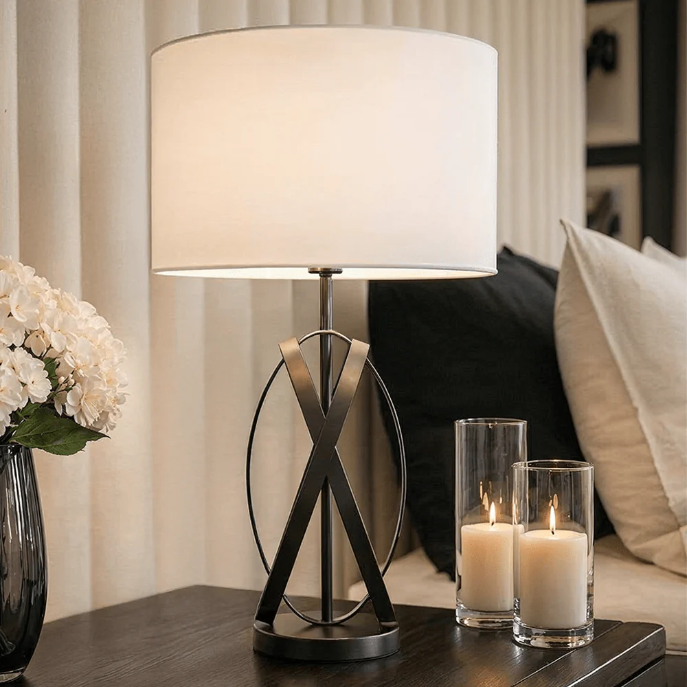 Pasadena Black Cross Base Table Lamp with White Linen Shade