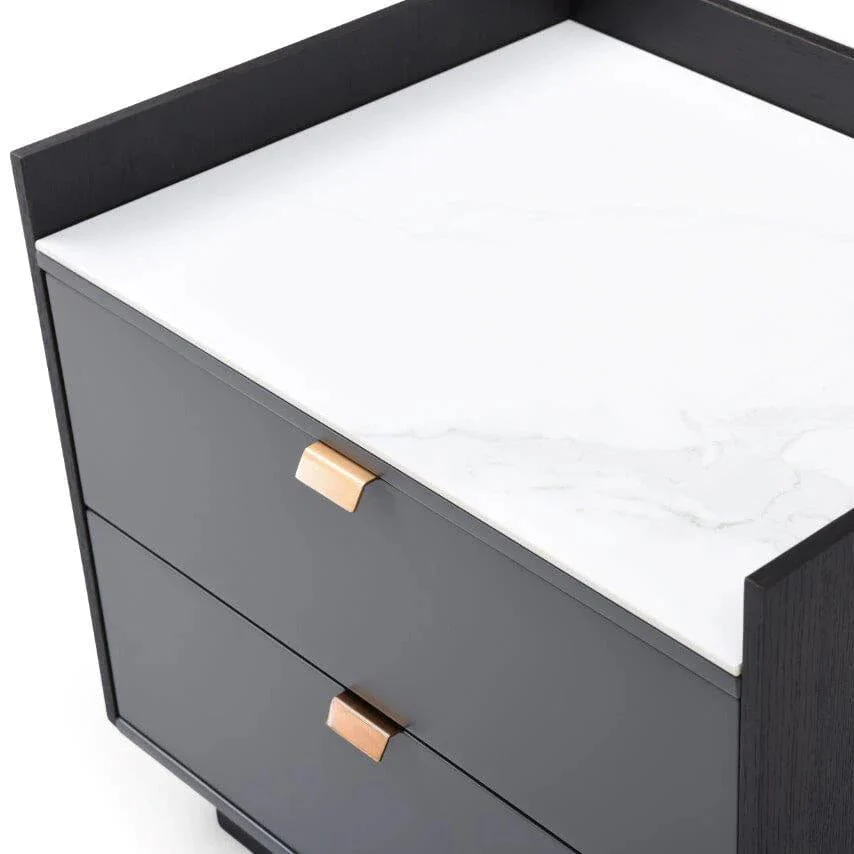 Cyra Dark Grey Luxury Oak 2 Door Bedside Table with Marble Top - Image 5