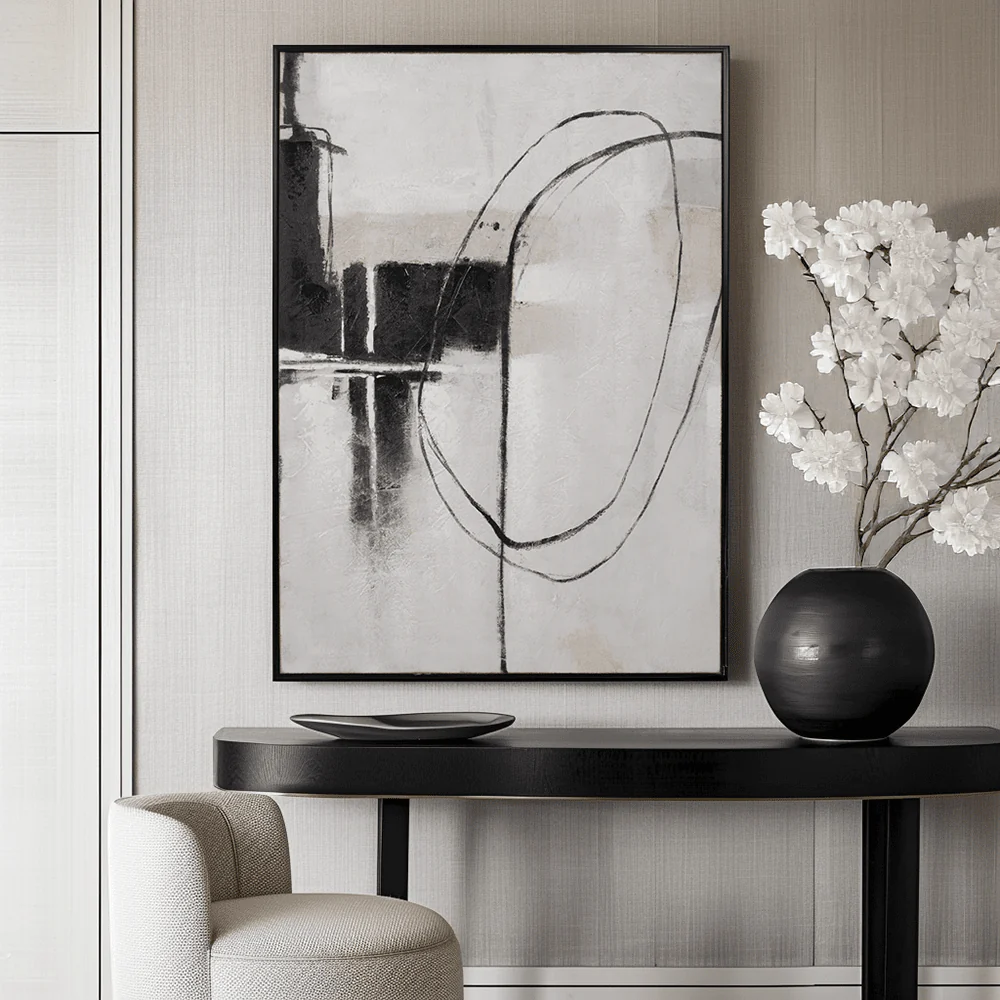 Phoebe Monochrome Abstract Canvas Wall Art with Black Frame
