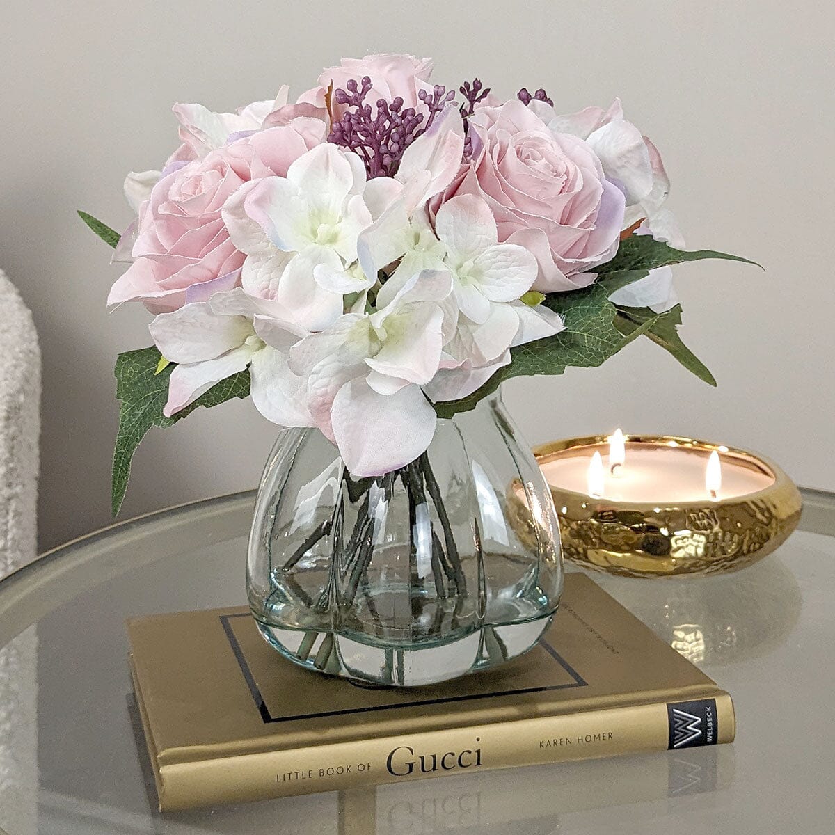 Pink and Cream Faux Rose & Hydrangea Florals in Vase - Image 2