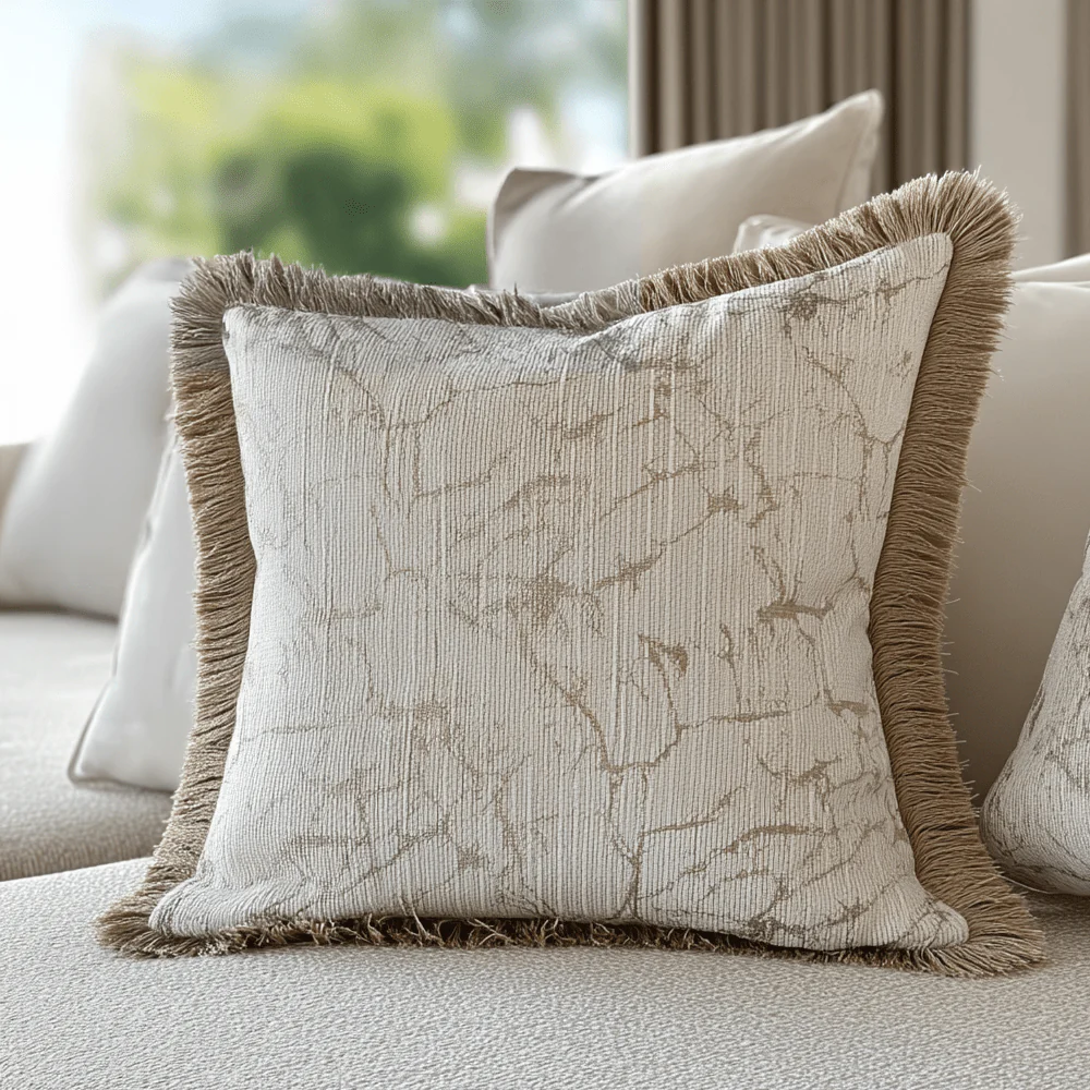 Saphira Cream Marble Effect Cushion with Fringe Detail - 43x43cm