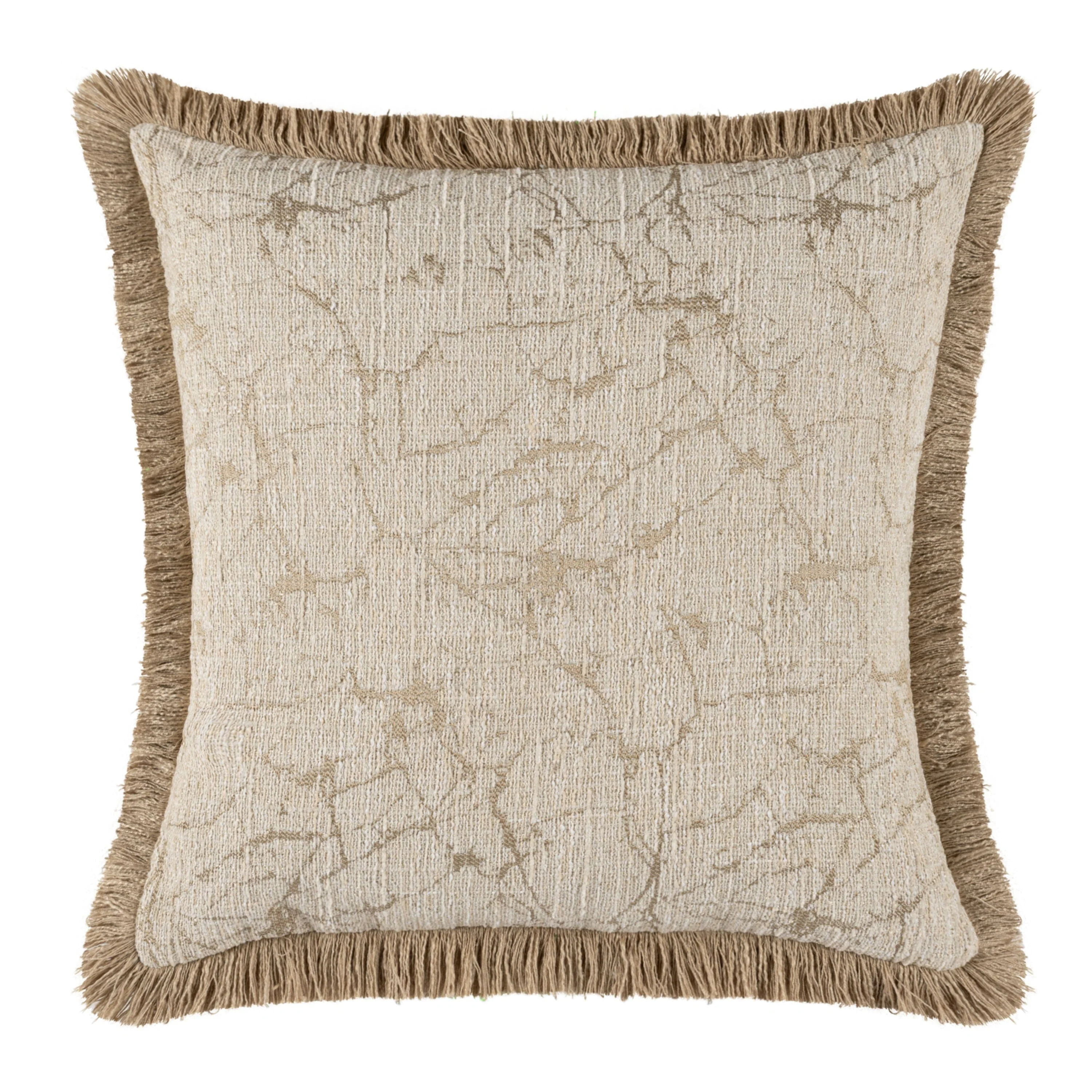 Saphira Cream Marble Effect Cushion with Fringe Detail - 43x43cm - Image 2