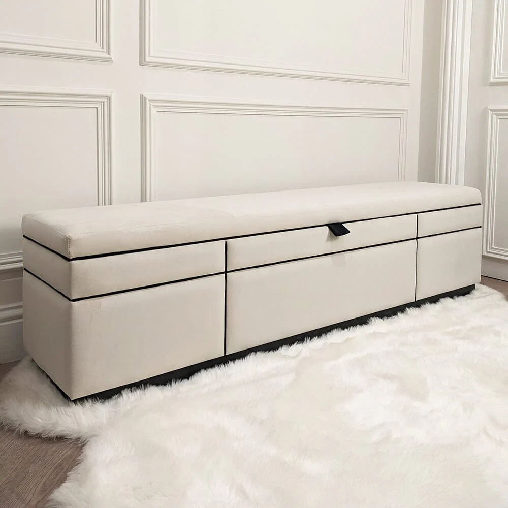 Savoy Cream and Black Luxury Piped Velvet Ottoman Box - Image 3