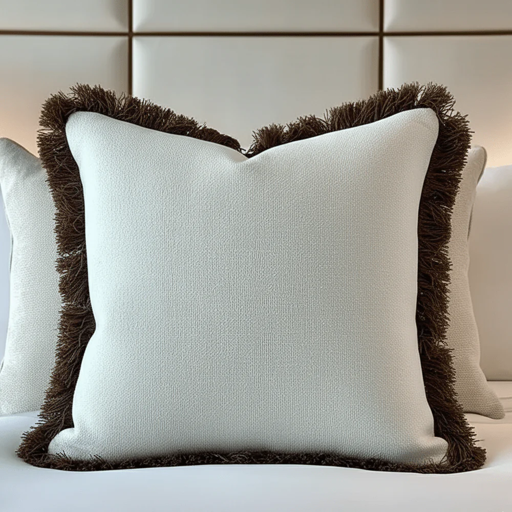 Scarlett Off White Textured Cushion with Brown Fringing Detail - 56x56cm