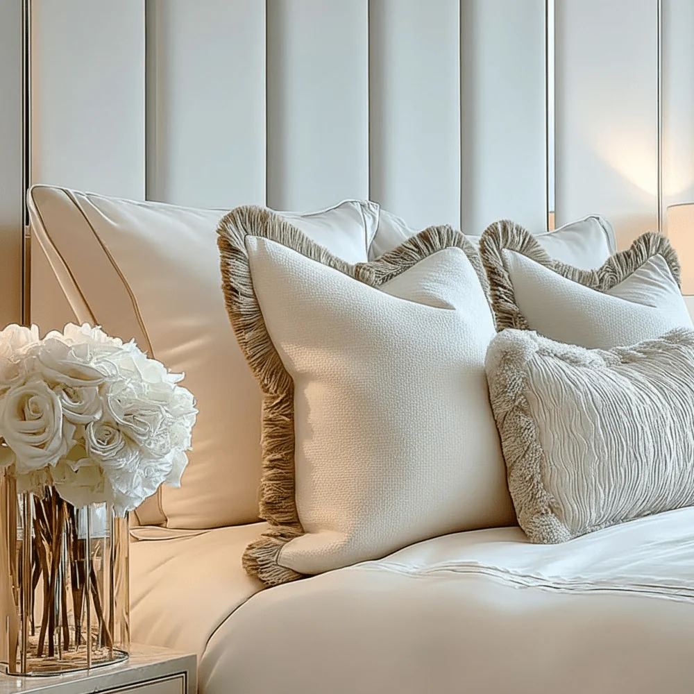 Scarlett Off White Textured Cushion with Taupe Fringing Detail - 56x56cm
