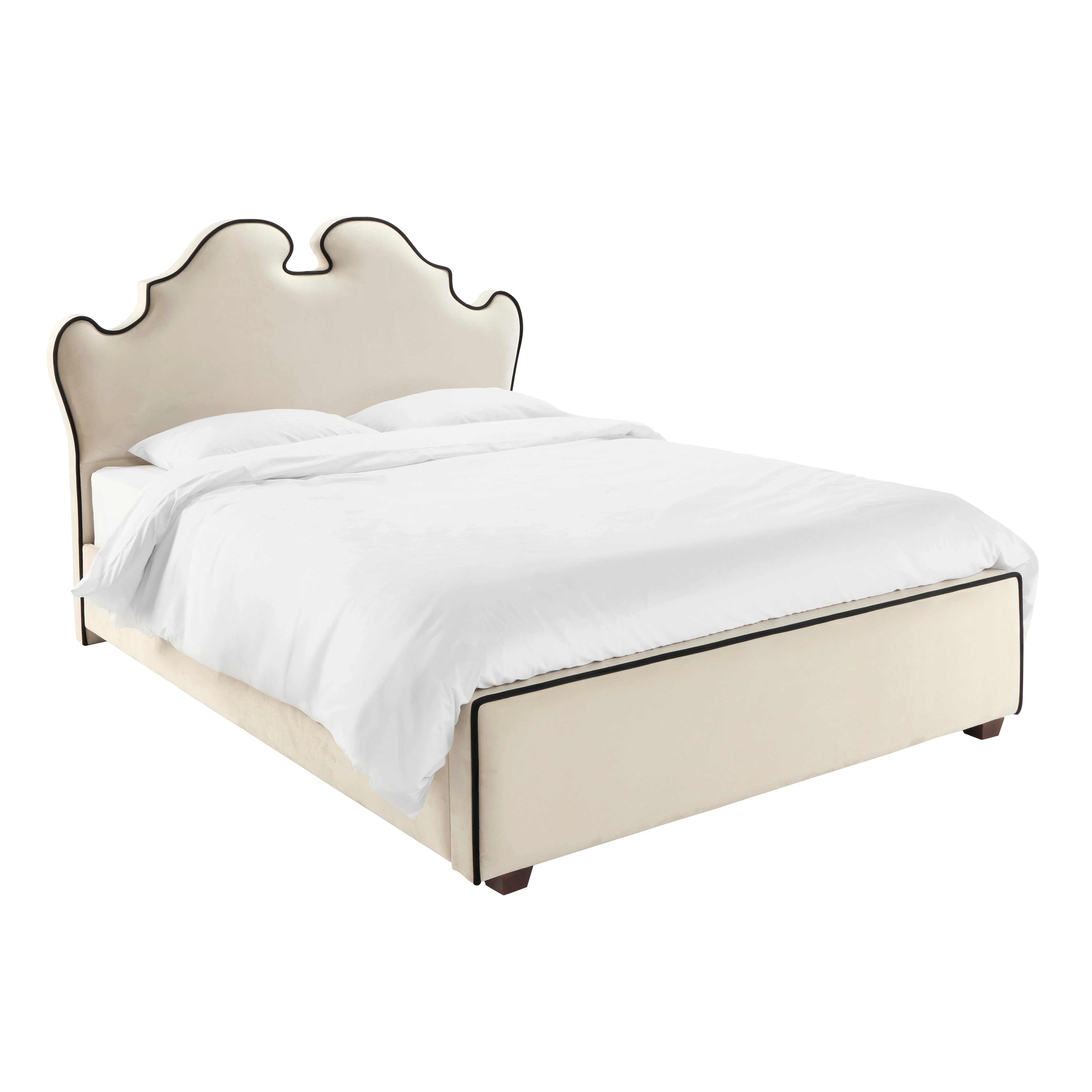 Seraphina Vanilla Velvet Statement Curved Bed with Black Piping Detail - Image 2