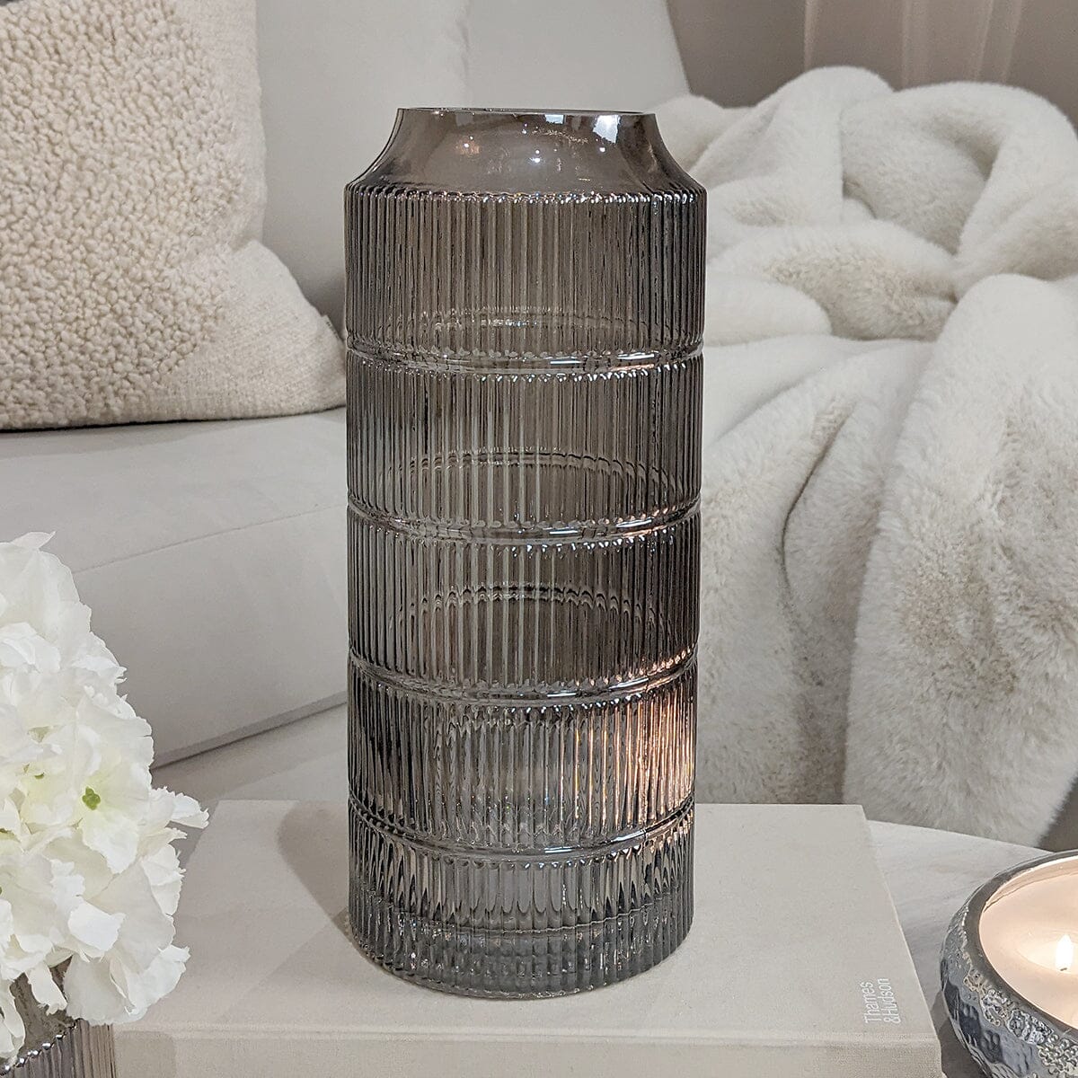 Seville Large Smoked Glass Ribbed Vase - Image 2