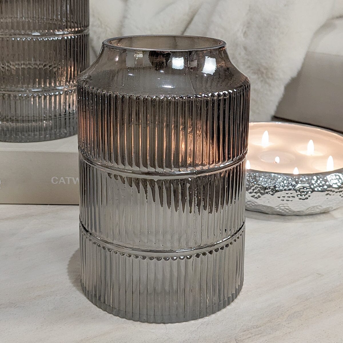 Seville Medium Smoked Glass Ribbed Vase - Image 2