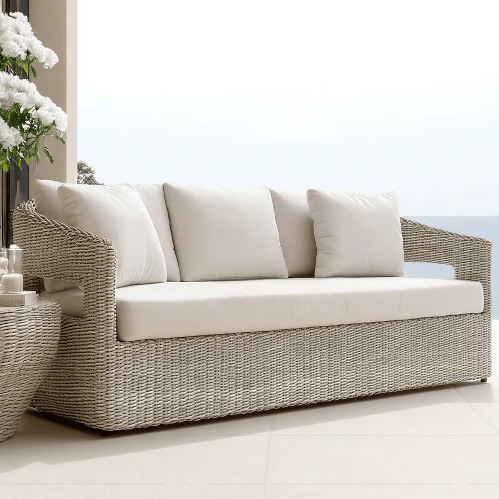 Seychelles Outdoor Cream & Natural Rattan Curved 3 Seater Sofa