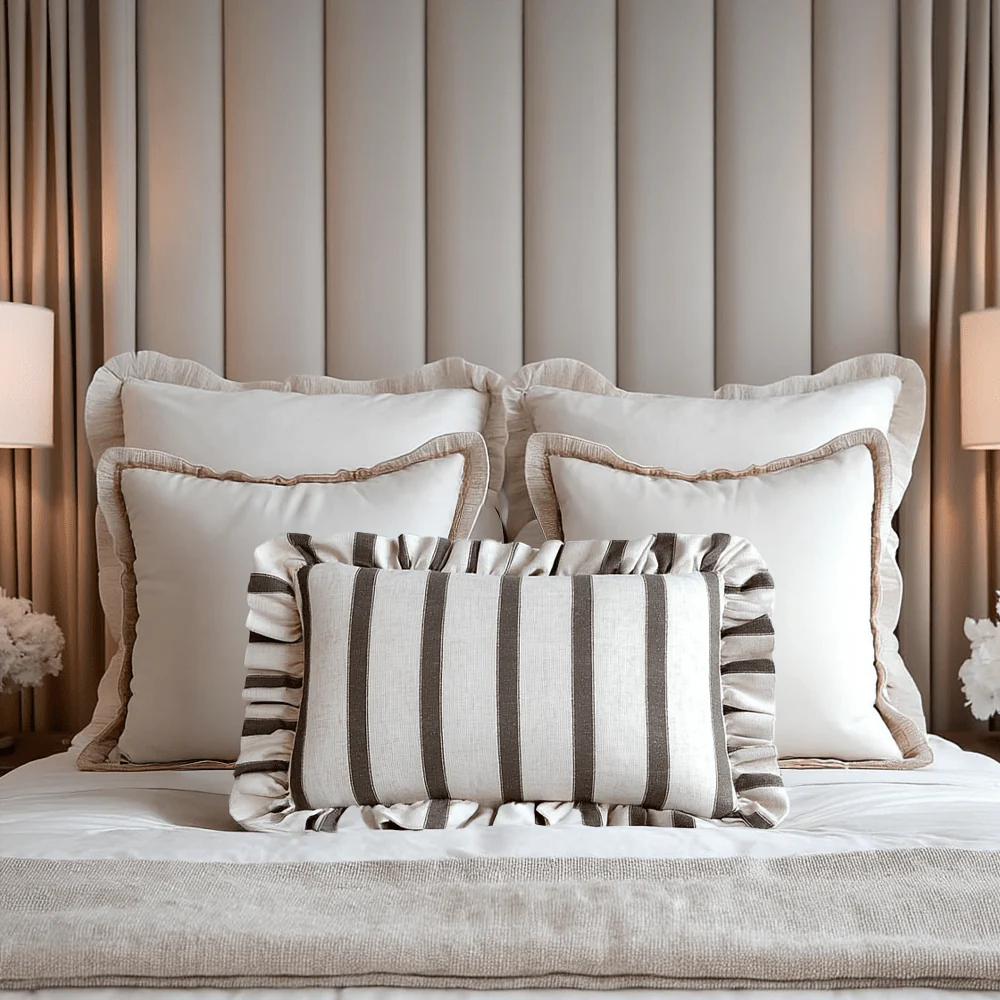 Sheline Chocolate Striped Bolster Cushion with Frilled Edge