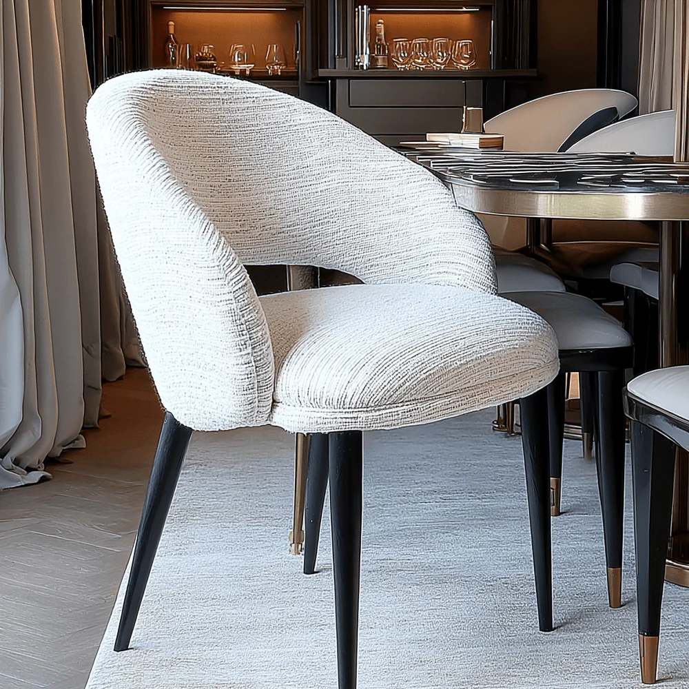 Shella Cream Textured Curved Dining Chair with Black Legs