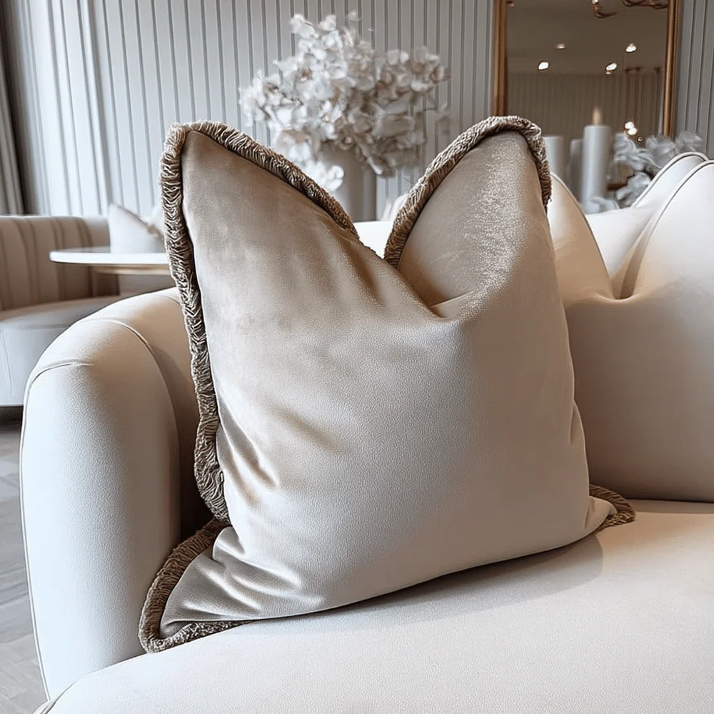 Sinéad Taupe Velvet Cushion with Fringe Detailing - 45x45cm