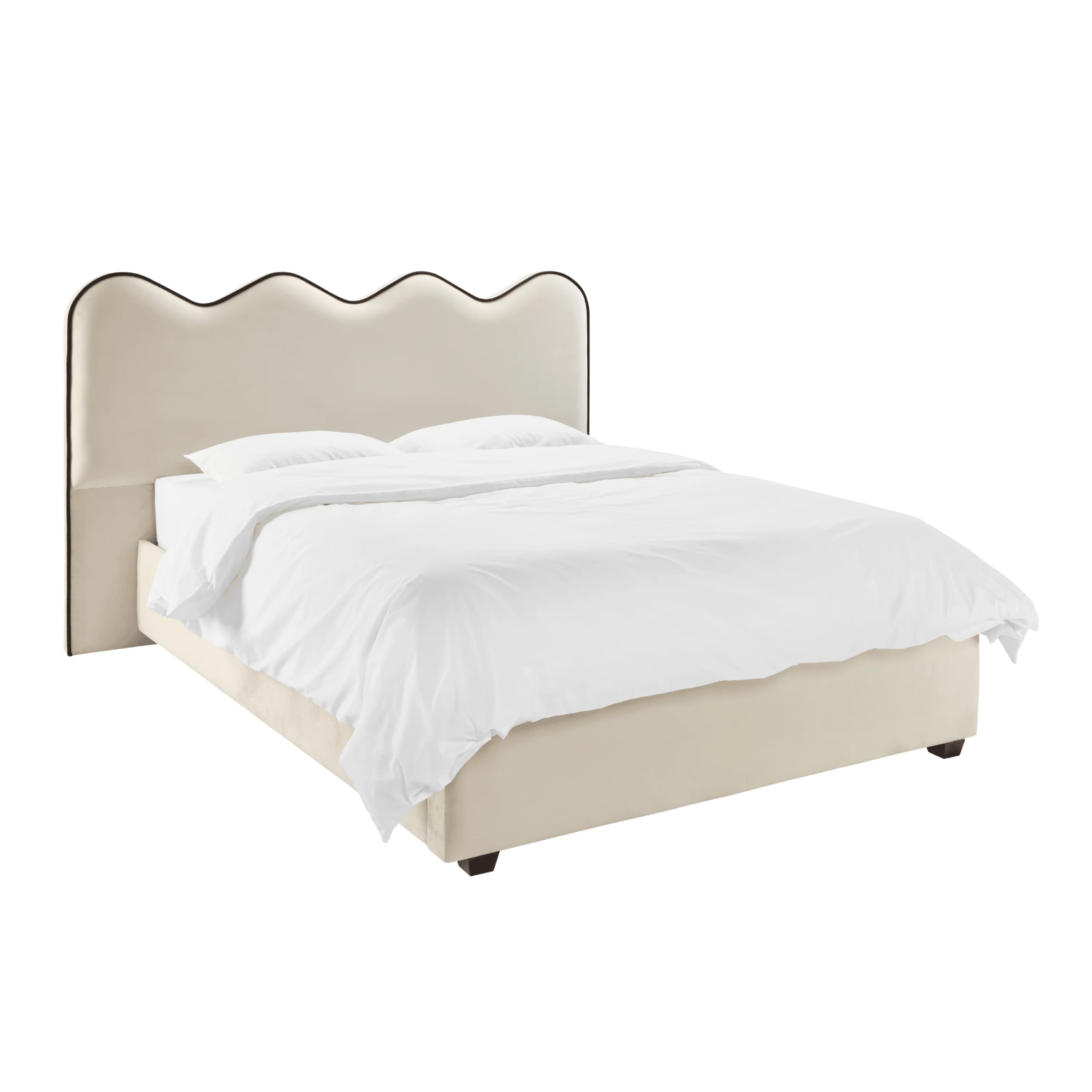 Squiggle Vanilla Velvet Scalloped Bed with Black Piping Detail - Image 2