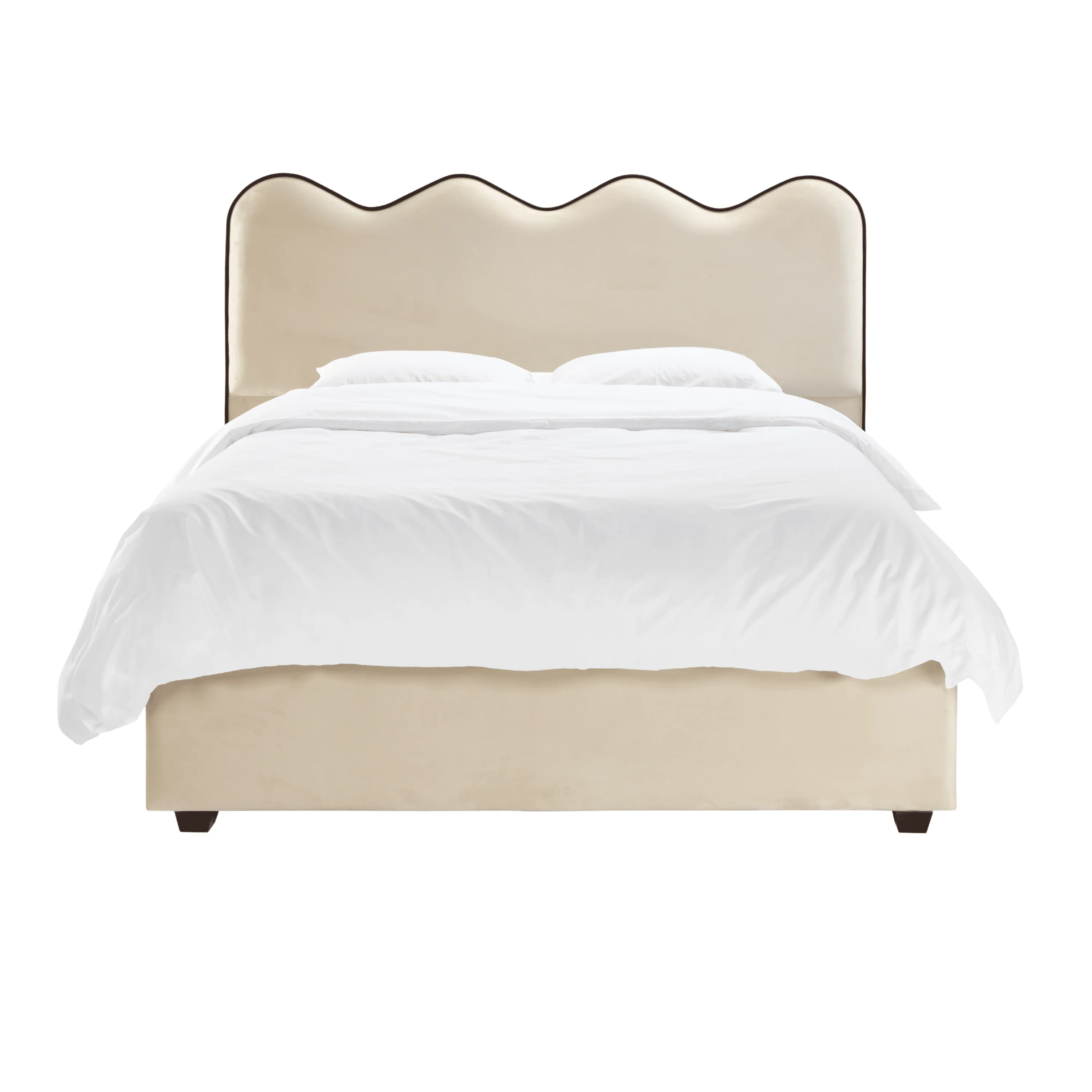 Squiggle Vanilla Velvet Scalloped Bed with Black Piping Detail - Image 3