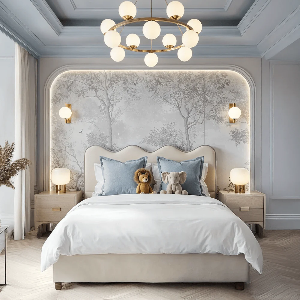 Squiggle Vanilla Velvet Scalloped Bed with Blue Piping Detail