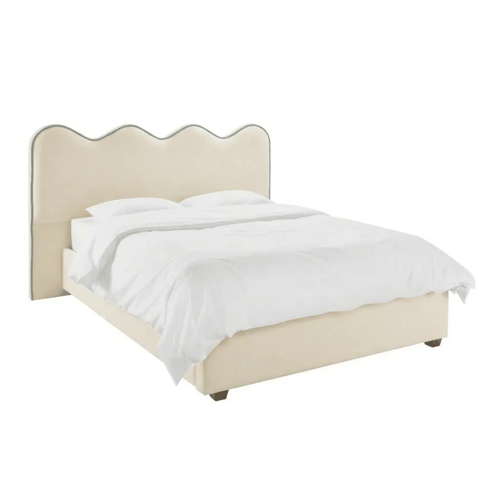 Squiggle Vanilla Velvet Scalloped Bed with Blue Piping Detail - Image 2