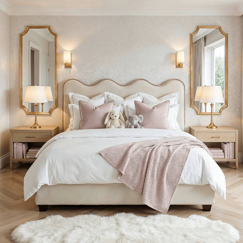 Squiggle Vanilla Velvet Scalloped Bed with Pink Piping Detail