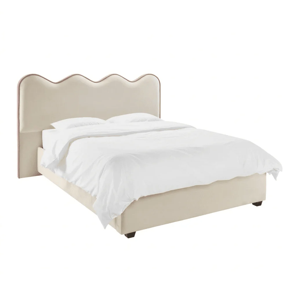 Squiggle Vanilla Velvet Scalloped Bed with Pink Piping Detail - Image 2