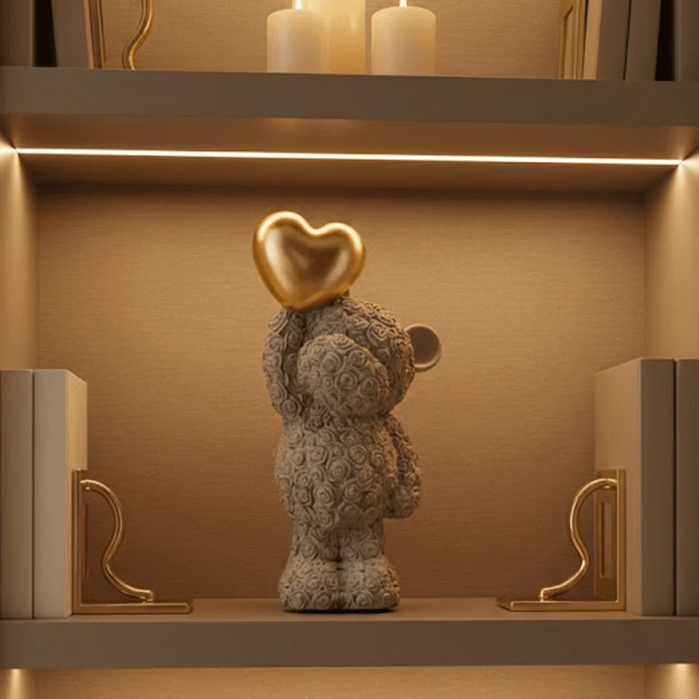 Standing Grey Bear with Gold Balloon Heart Ornament