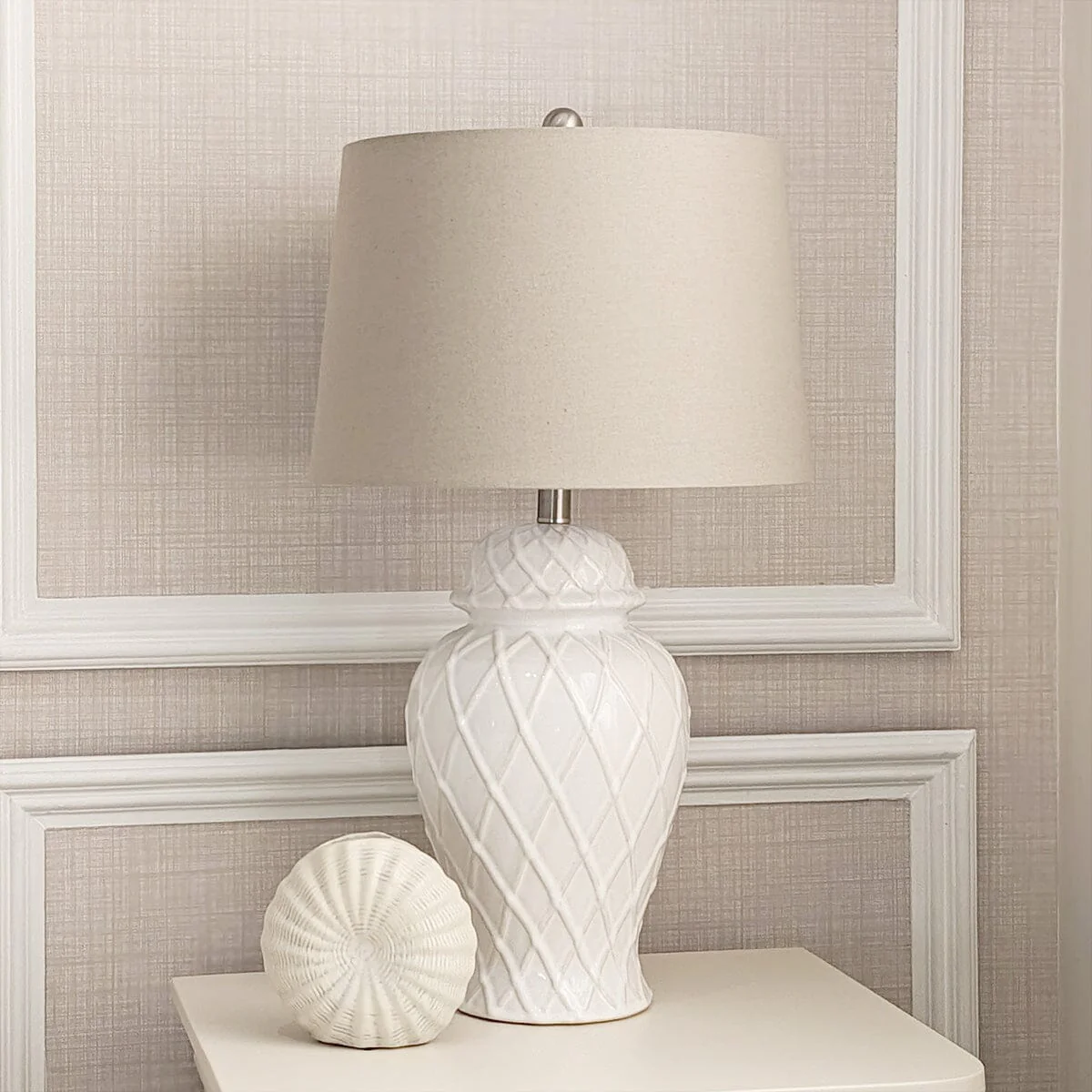 Stratford Ceramic Ginger Jar Lamp with Neutral Linen Shade