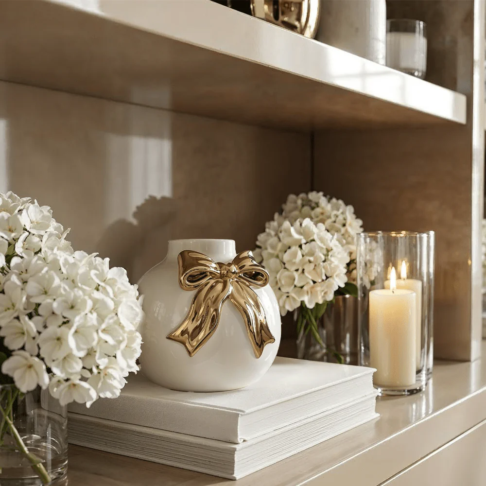 Talia Cream & Gold Decorative Vase with Bow
