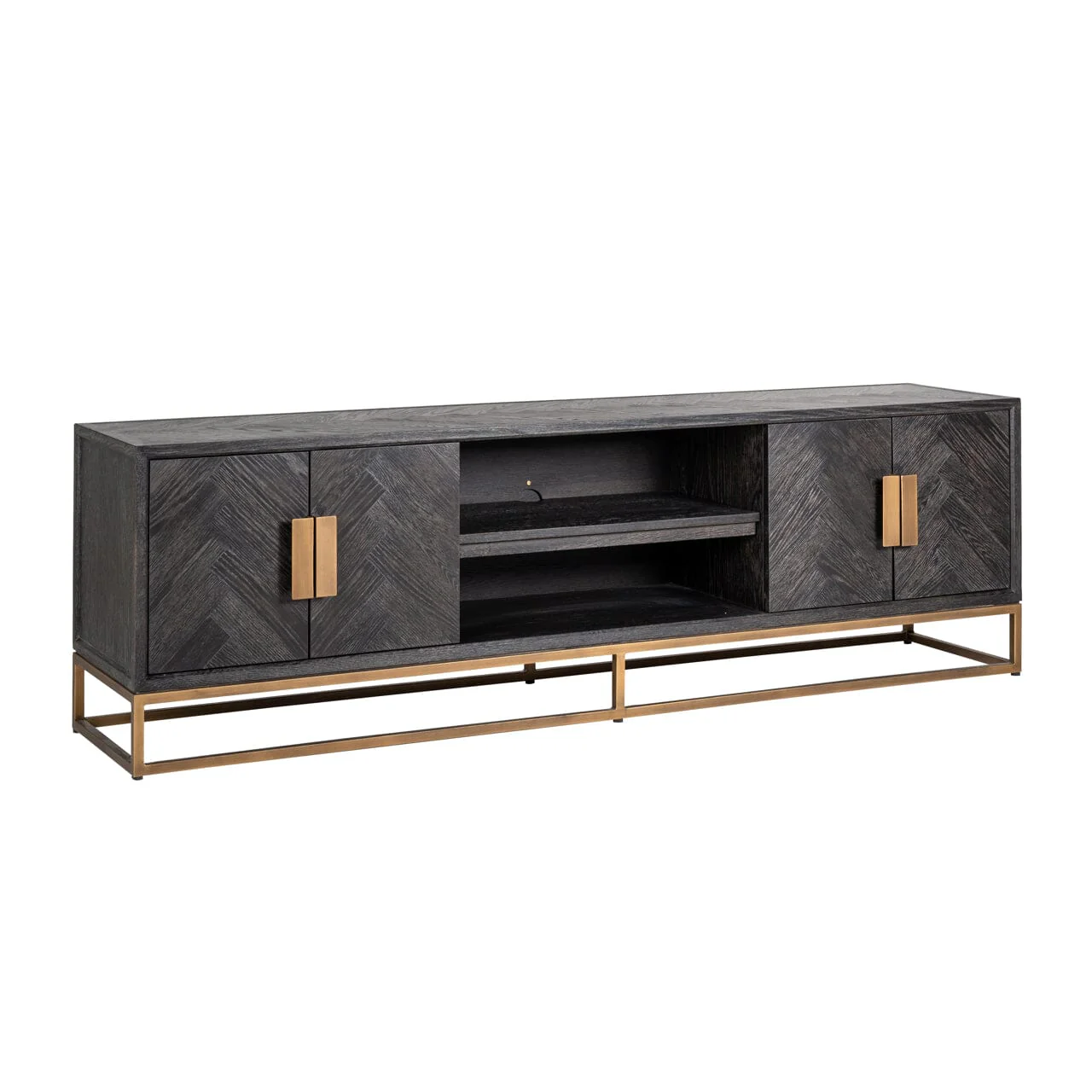 Thessaly Black Chevron Media Unit with Brass Handles - Image 2