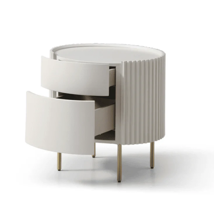 Tia Ribbed Rounded Beige 2 Drawer Bedside Table with Gold Legs - Image 4