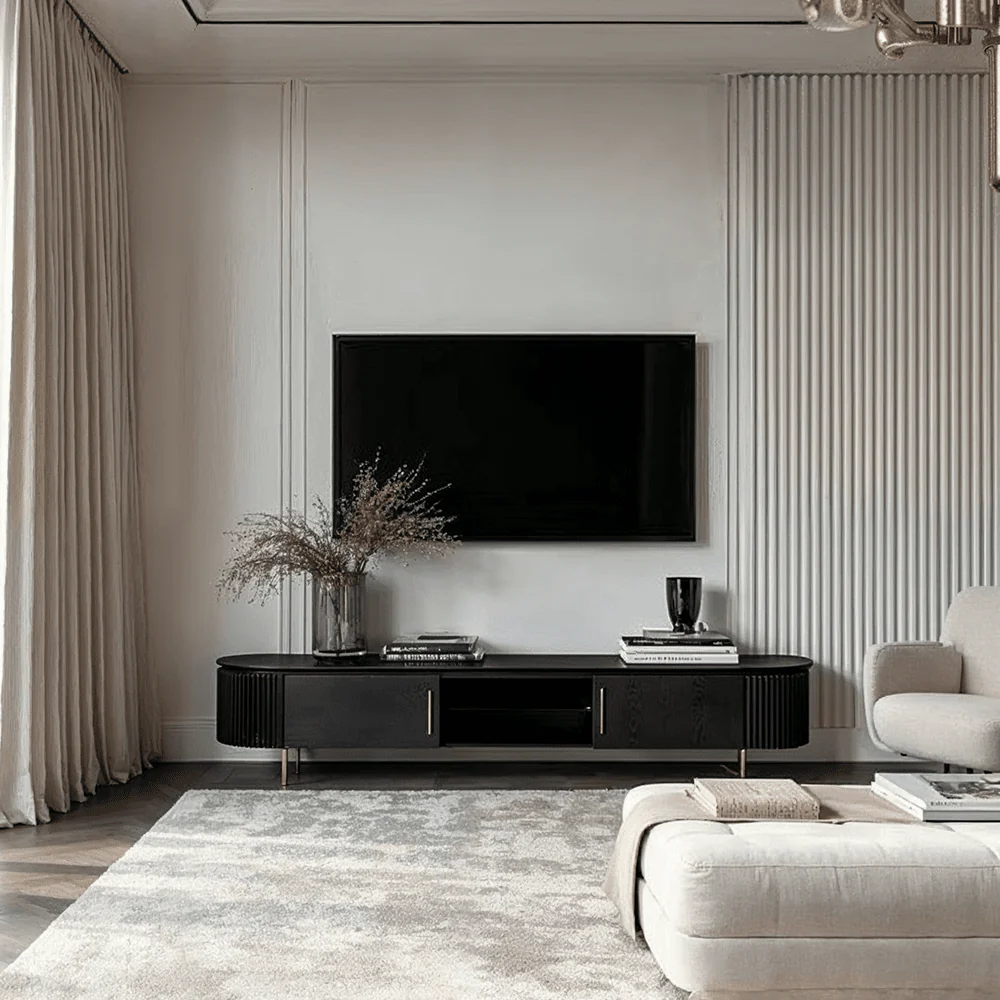 Tia Ribbed Rounded Black Media Unit with Gold Legs