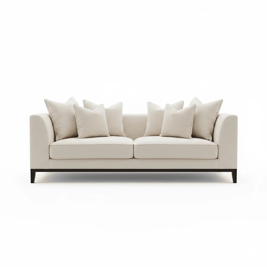 Timeless Cream Velvet 3 Seater Pillowback Sofa, With Black Wooden Plinth - Image 4