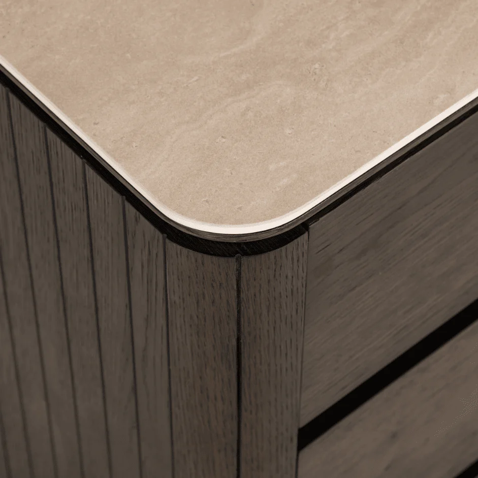 Verity Dark Brown 3 Drawer Bedside Table with Travertine Top - Image 6