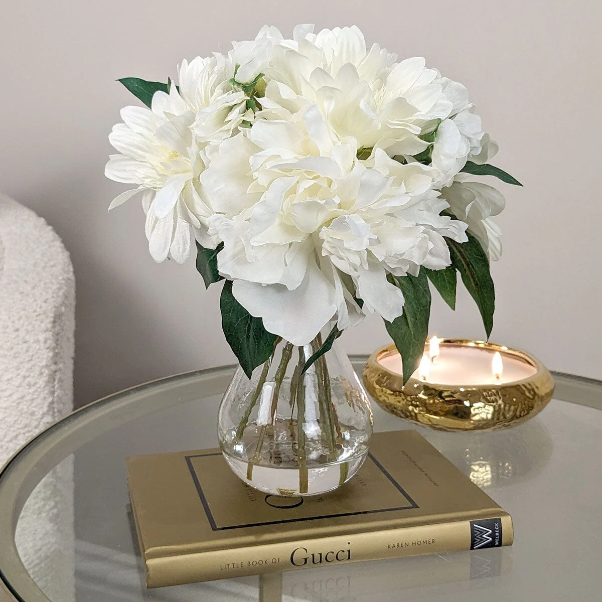 White Faux Peony & Gerbera Florals in Vase - Image 2