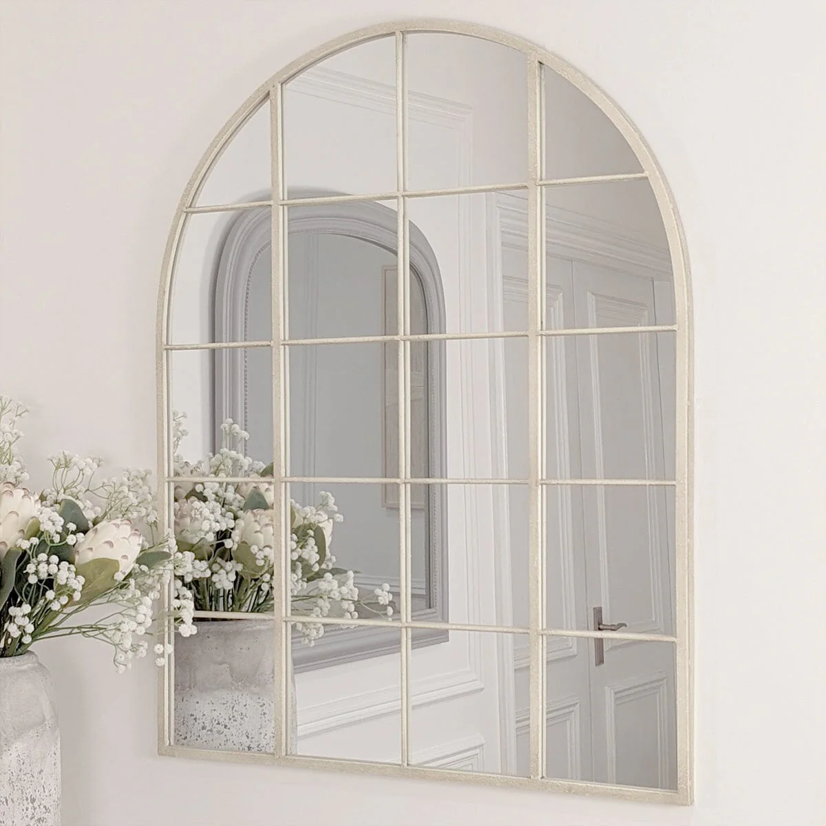 Woburn Whitewashed Wooden Arched Top Window Mirror