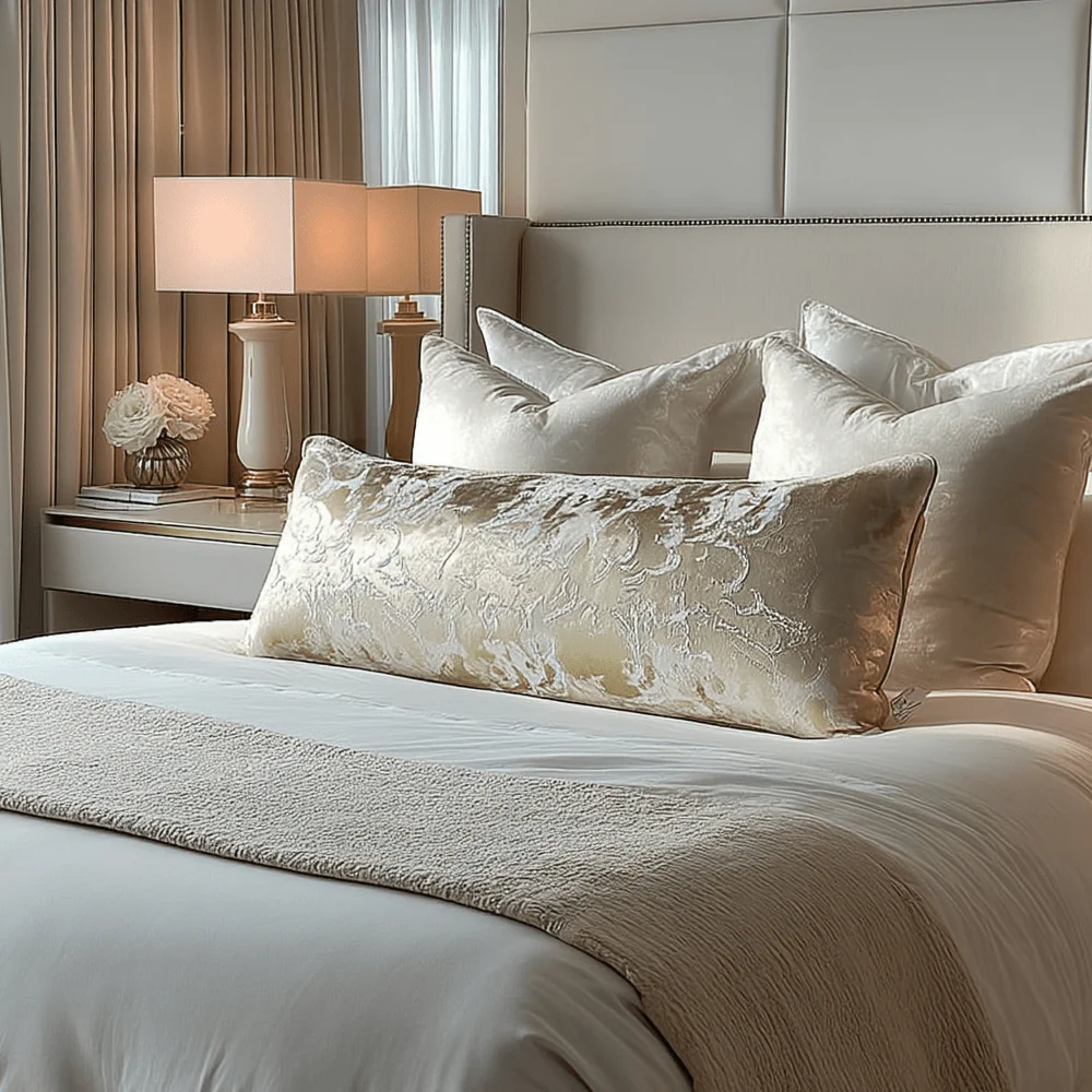 Yasmin Gold & Cream Metallic Cloud Print Long Bolster Cushion - 90x35cm